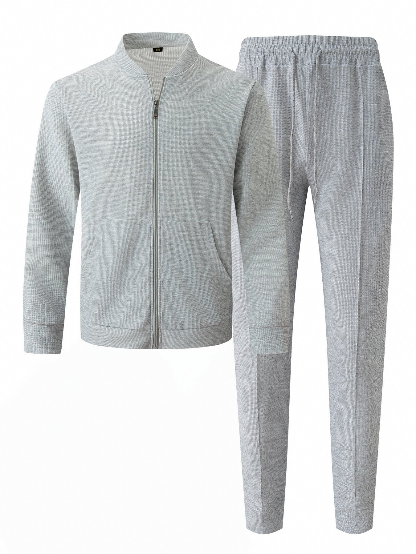 Men’s Waffle Texture Zip-Up Tracksuit – 2-Piece Casual Jacket & Pants Set
