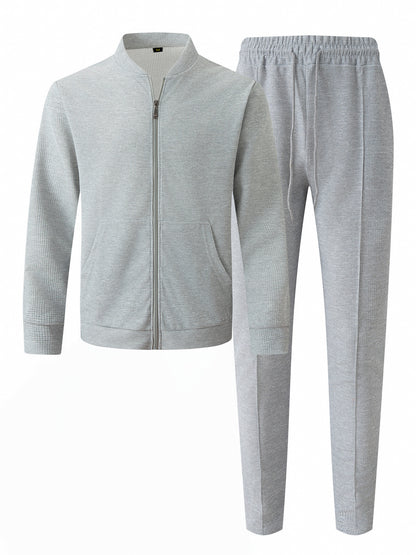 Men’s Waffle Texture Zip-Up Tracksuit – 2-Piece Casual Jacket & Pants Set