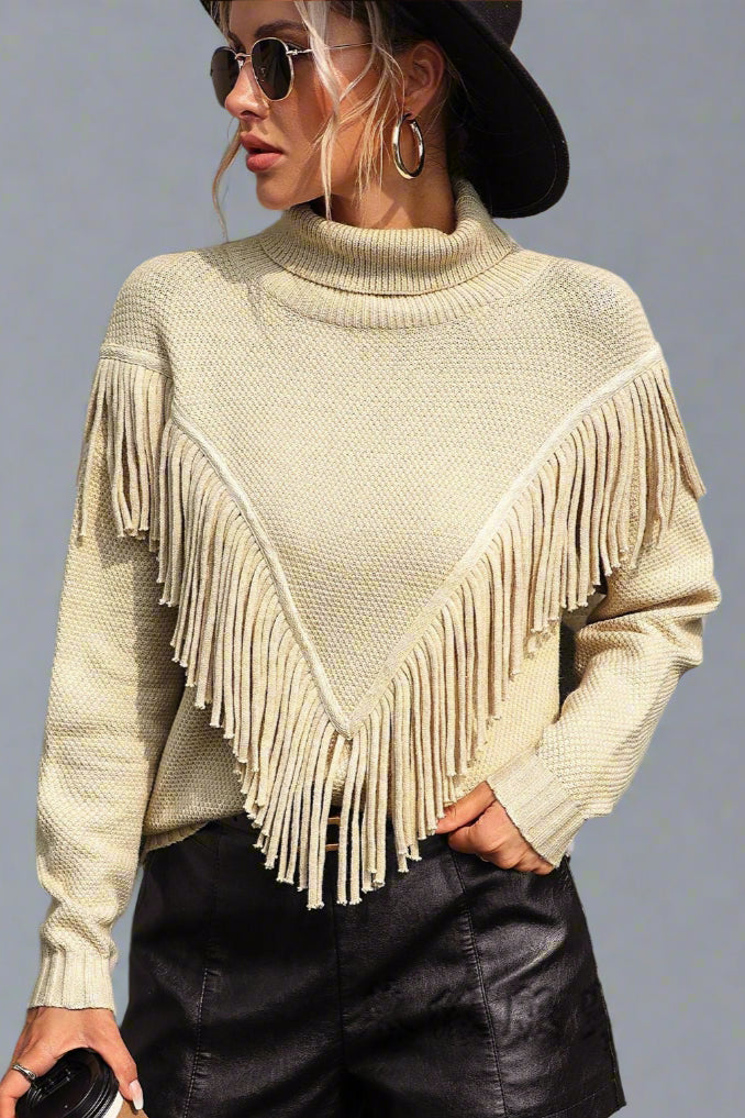 Women’s Loose-Fit Turtleneck Knit Sweater with Tassel Detailing