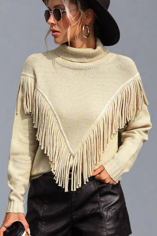 Women’s Loose-Fit Turtleneck Knit Sweater with Tassel Detailing