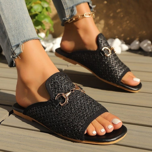 Women’s Hollow Woven Square Toe Flat Sandals