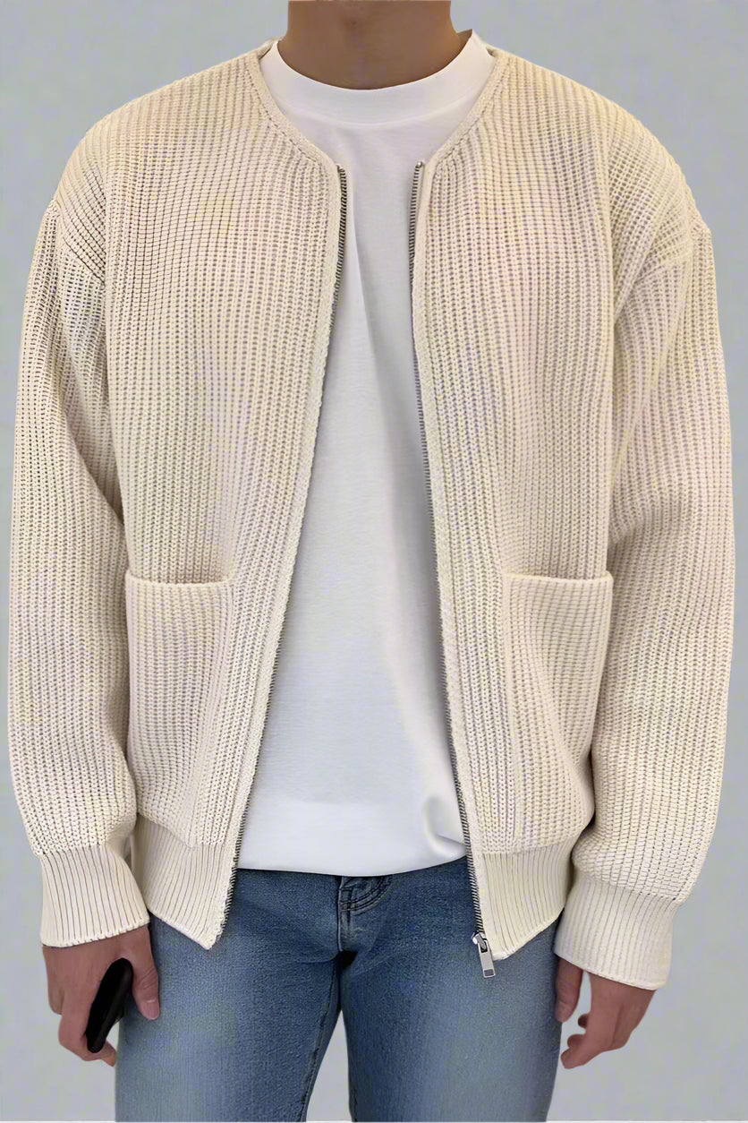 Men’s Zip-Up Knitted Cardigan with Pockets – Soft Funnel Neck Sweater for All Seasons