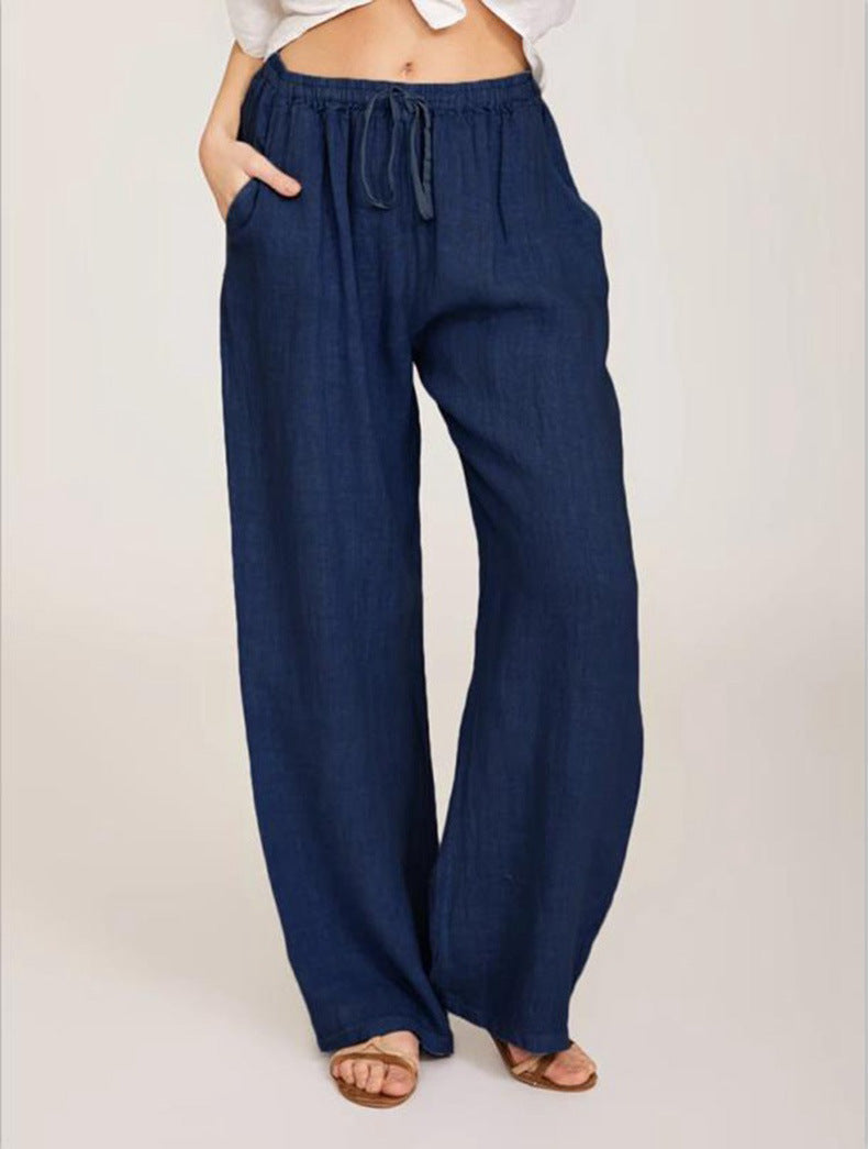 Women’s Summer Linen-Blend Drawstring Trousers with Pockets