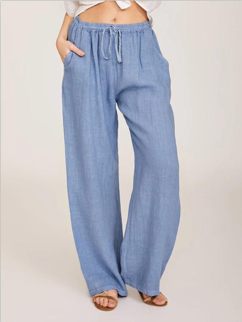 Women’s Summer Linen-Blend Drawstring Trousers with Pockets