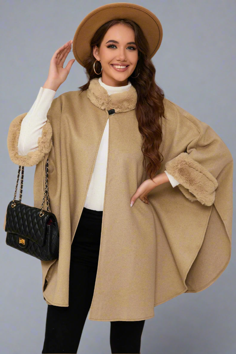 Elegant Faux Fur Collar Cape – Mid-Length Outerwear for Women
