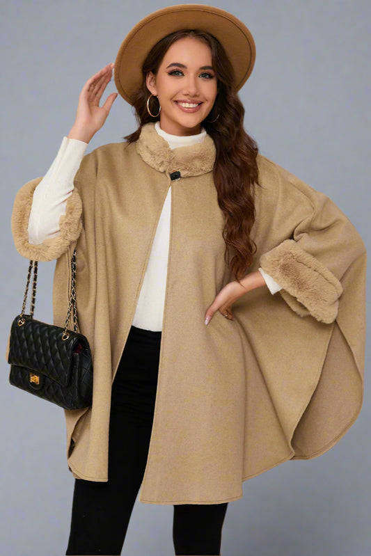 Elegant Faux Fur Collar Cape – Mid-Length Outerwear for Women