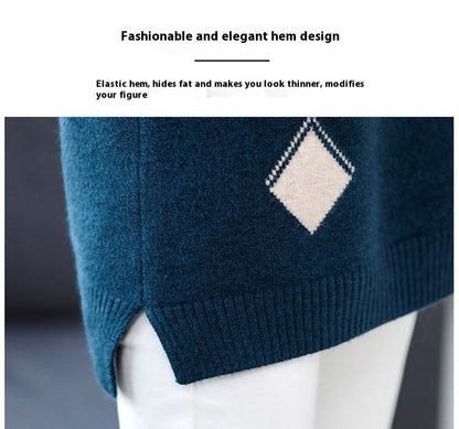 Women’s Half Turtleneck Loose Knit Sweater – Mid-Length Pullover