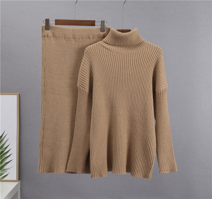 Women’s Ribbed Knit Turtleneck Sweater & Skirt Set – Elegant Two-Piece Outfit