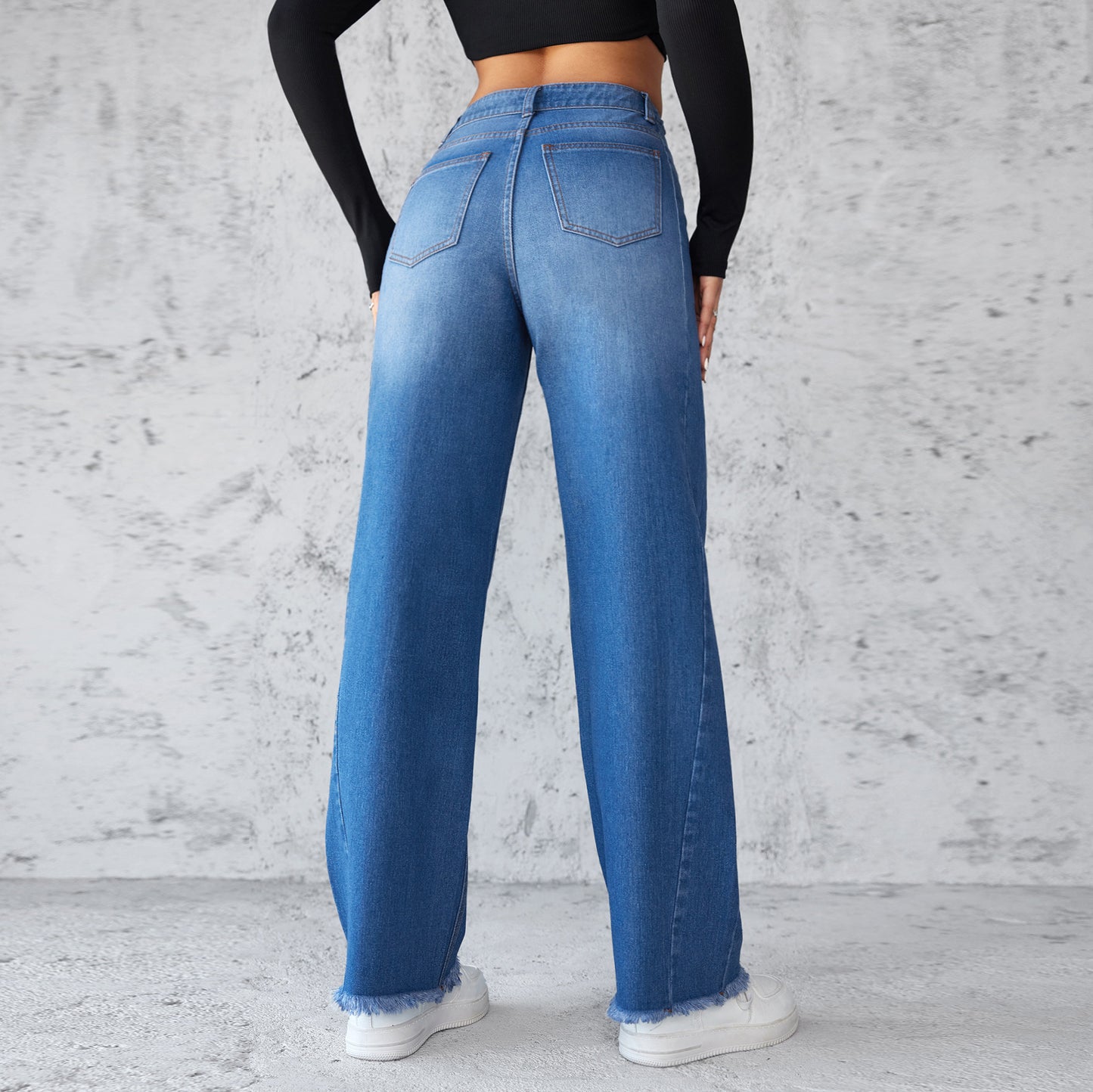 High Waist Wide-Leg Denim Jeans for Women – Straight Fit, Frayed Hem, Casual Non-Stretch Style