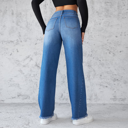 High Waist Wide-Leg Denim Jeans for Women – Straight Fit, Frayed Hem, Casual Non-Stretch Style