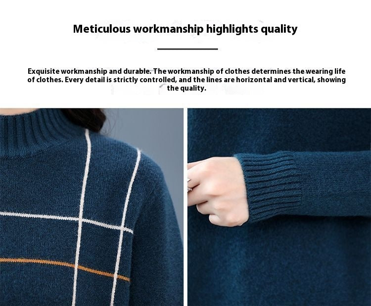 Women’s Half Turtleneck Loose Knit Sweater – Mid-Length Pullover