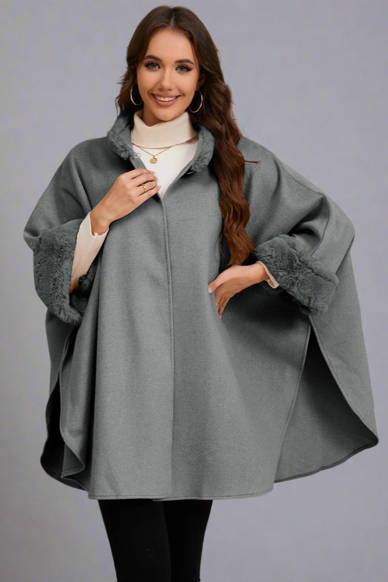 Elegant Faux Fur Collar Cape – Mid-Length Outerwear for Women