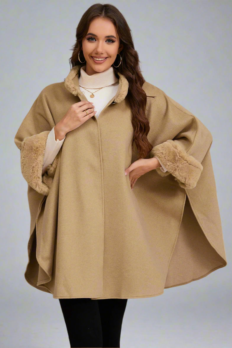 Elegant Faux Fur Collar Cape – Mid-Length Outerwear for Women