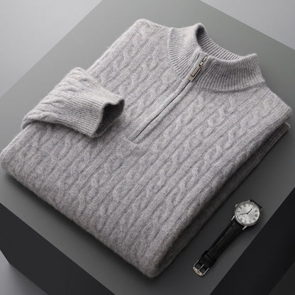 Men’s Pure Wool Half-High Collar Sweater – Thickened Loose-Fit Pullover