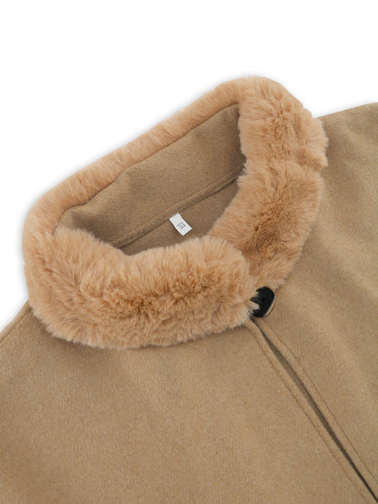 Elegant Faux Fur Collar Cape – Mid-Length Outerwear for Women