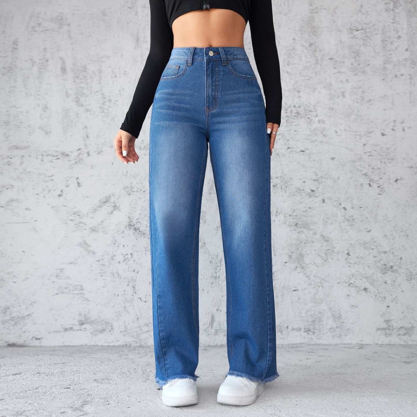 High Waist Wide-Leg Denim Jeans for Women – Straight Fit, Frayed Hem, Casual Non-Stretch Style