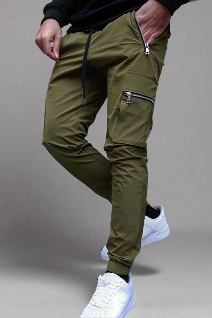 Men’s Multi-Pocket Zipper Cargo Pants – Belted Tapered Overalls