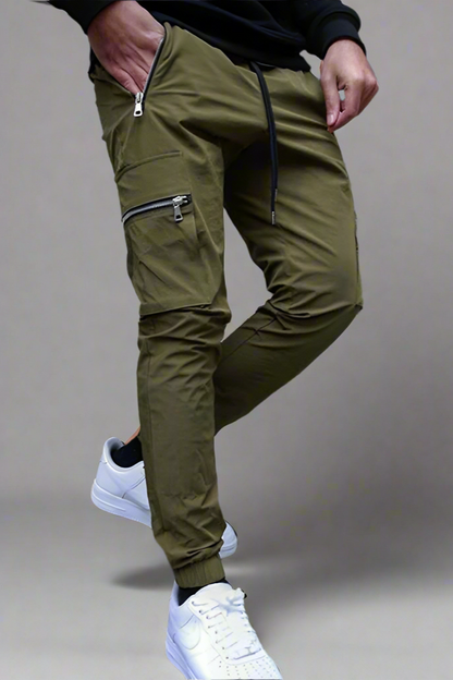 Men’s Multi-Pocket Zipper Cargo Pants – Belted Tapered Overalls