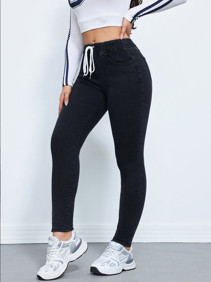 High Elastic Drawstring Skinny Denim Joggers for Women