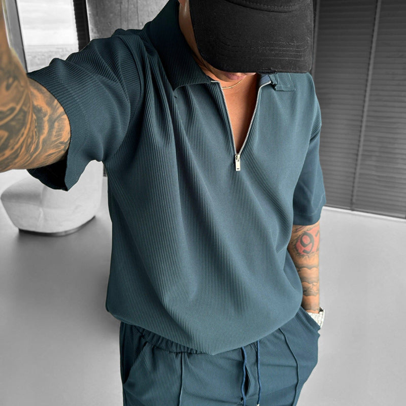 Men’s Summer Polo Zip-Up Shirt & Drawstring Shorts Set