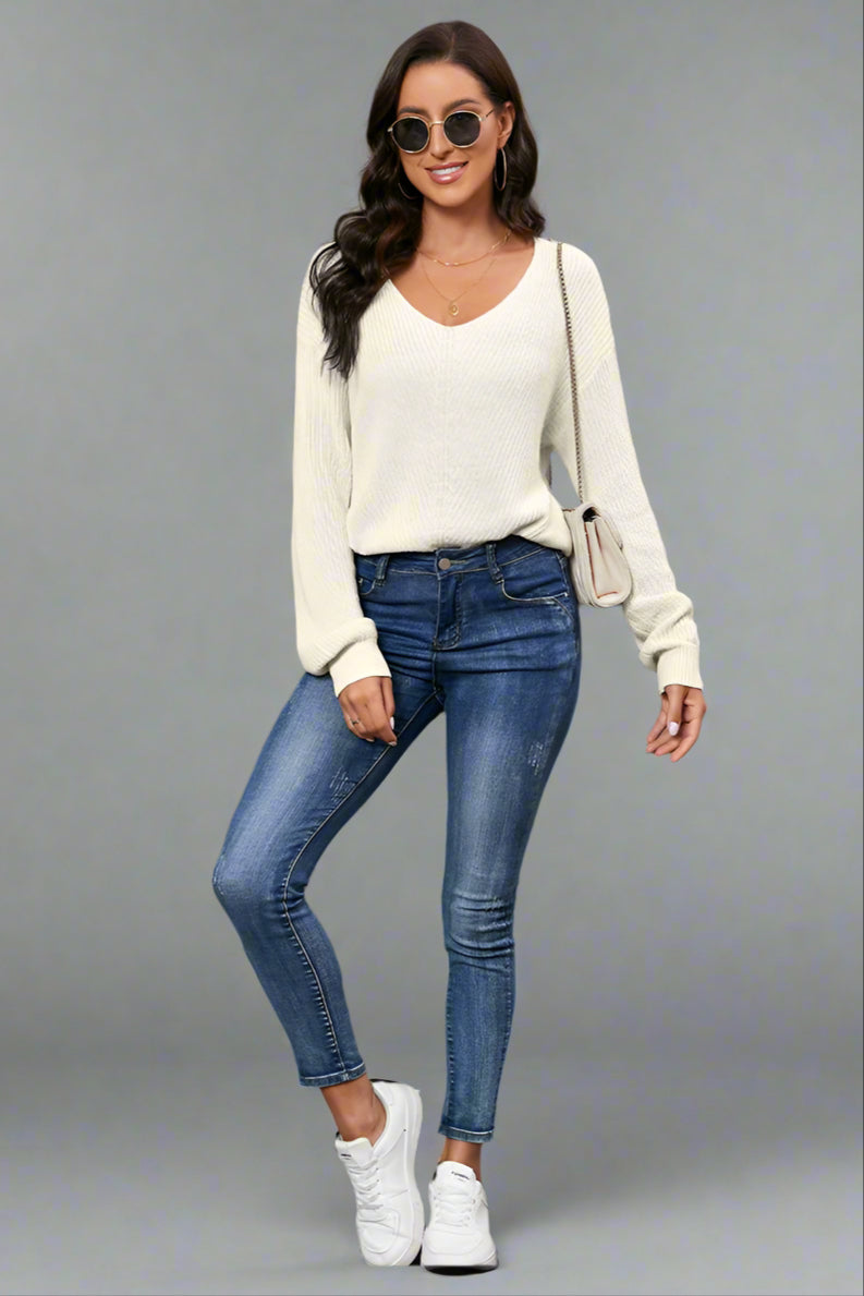 Women’s Slim Fit Threaded Knit Sweater – Long Sleeve Pullover