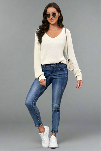 Women’s Slim Fit Threaded Knit Sweater – Long Sleeve Pullover
