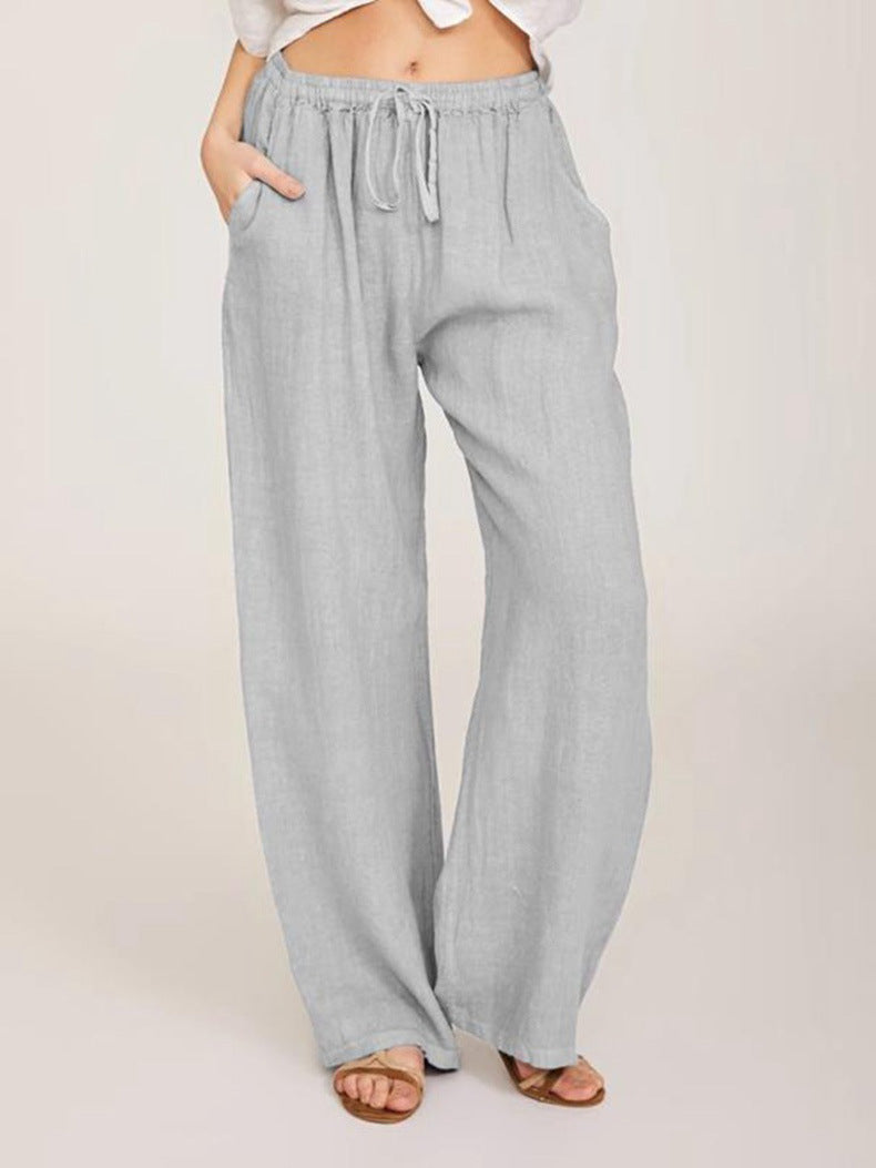 Women’s Summer Linen-Blend Drawstring Trousers with Pockets