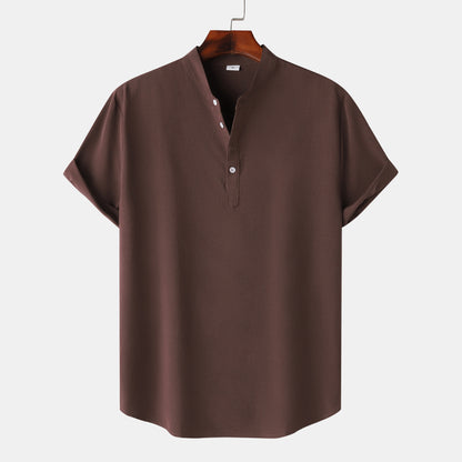 Men’s Linen Short Sleeve Shirt – Stand Collar Solid Color Pullover
