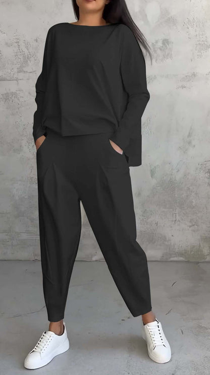 Women’s 2-Piece Lounge Set – Long Sleeve Irregular Top & Harem Pants | Casual Loose Fit Outfit with Pockets