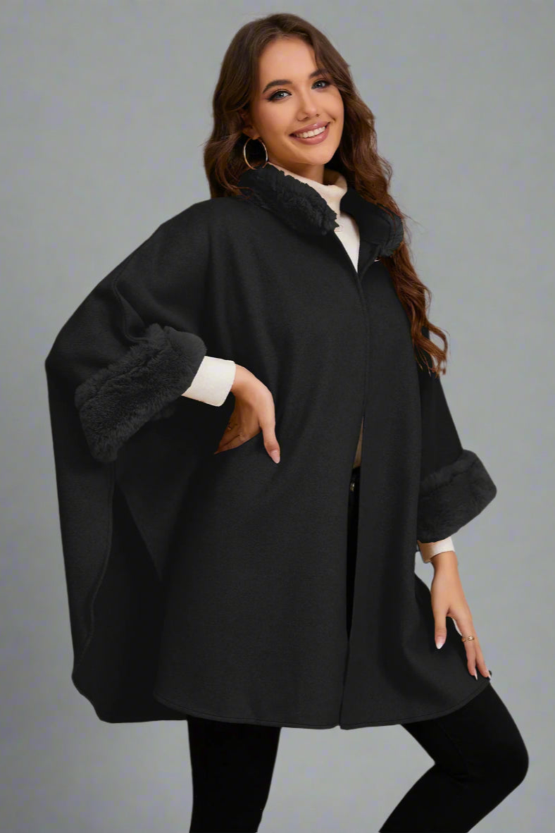 Elegant Faux Fur Collar Cape – Mid-Length Outerwear for Women