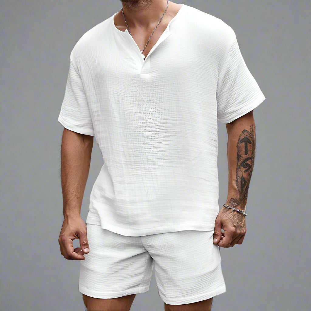 Men’s Summer V-Neck Shirt & Shorts Set – Casual Two-Piece Outfit