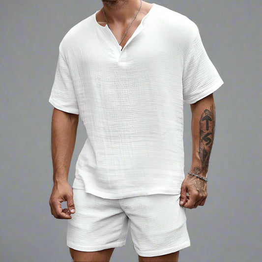 Men’s Summer V-Neck Shirt & Shorts Set – Casual Two-Piece Outfit