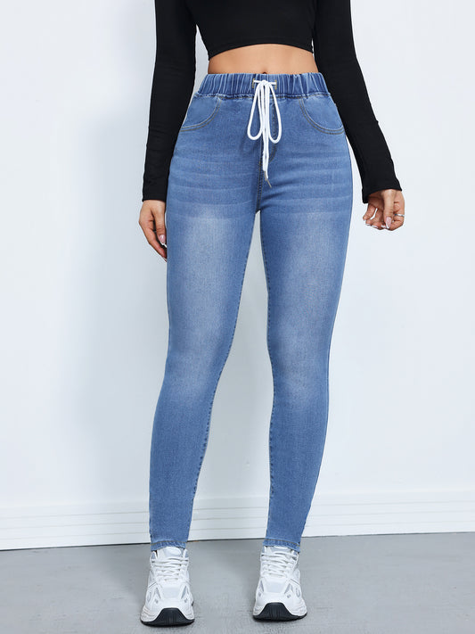 High Elastic Drawstring Skinny Denim Joggers for Women