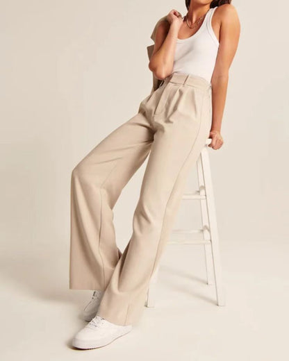 Women’s High Waist Wide-Leg Trousers with Pockets – Elegant Straight-Cut Casual Pants