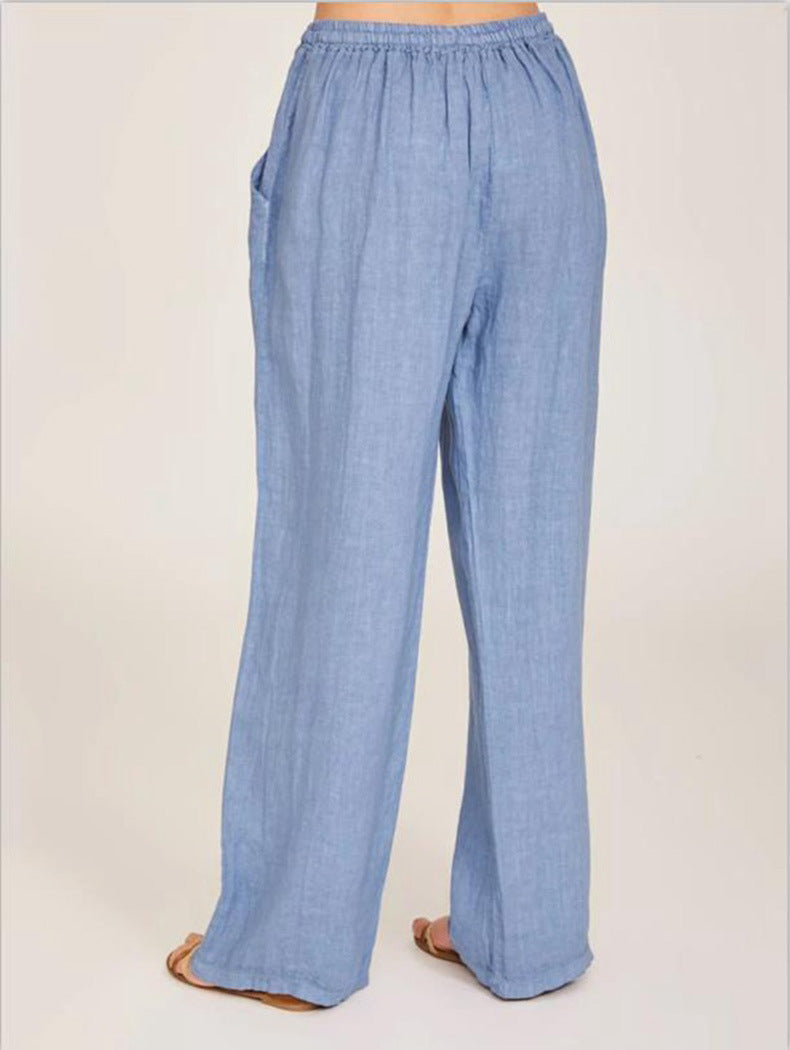 Women’s Summer Linen-Blend Drawstring Trousers with Pockets