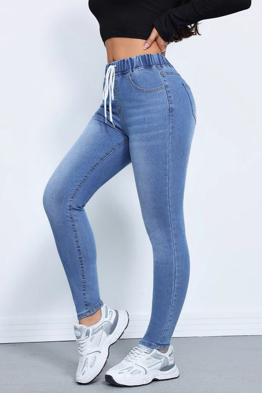 High Elastic Drawstring Skinny Denim Joggers for Women