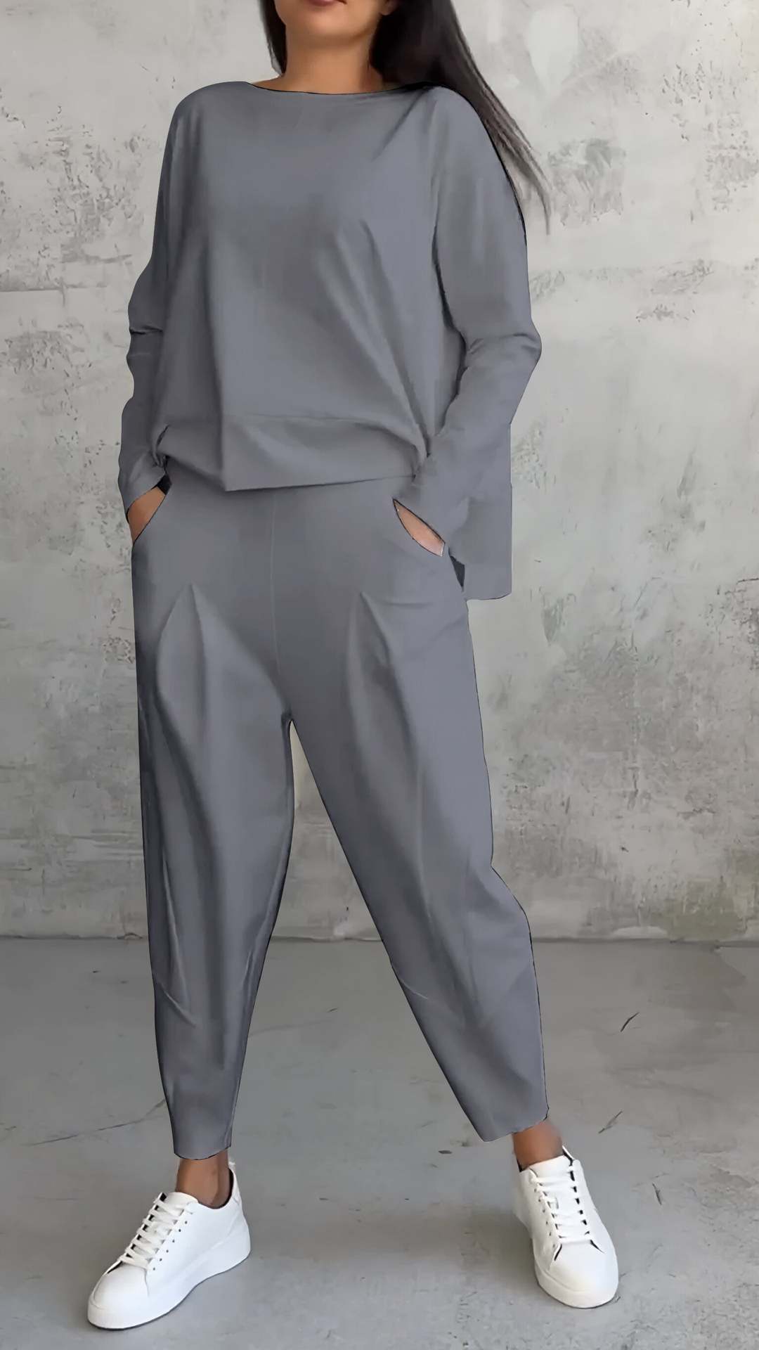 Women’s 2-Piece Lounge Set – Long Sleeve Irregular Top & Harem Pants | Casual Loose Fit Outfit with Pockets