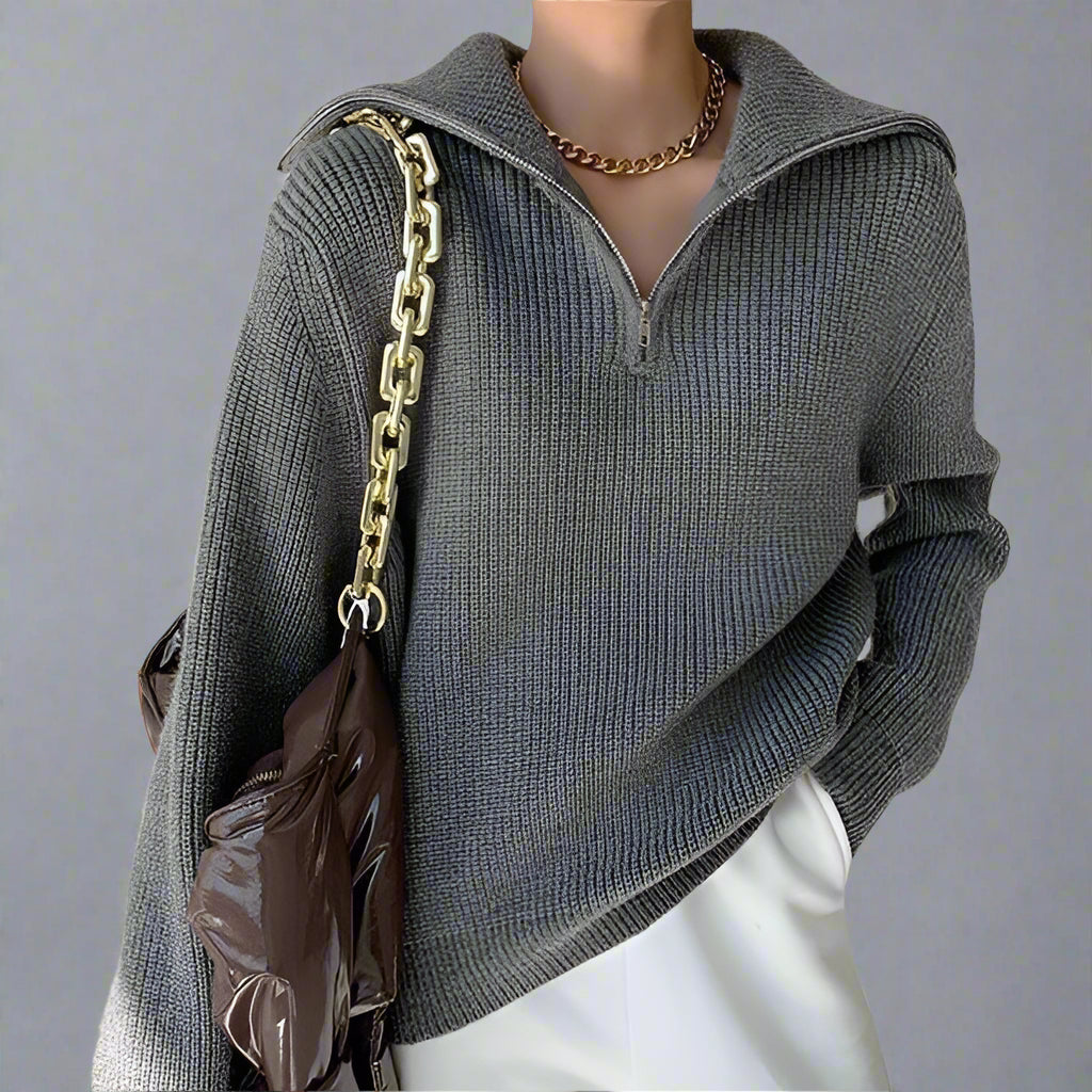 Women’s Loose Fit Zipper Sweater – Plaid Pattern Casual Pullover