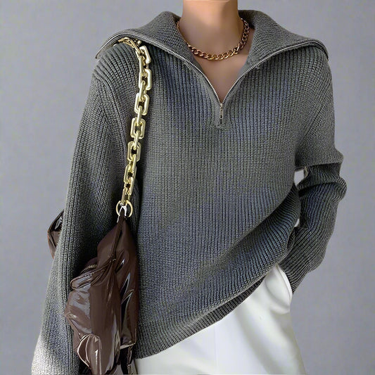 Women’s Loose Fit Zipper Sweater – Plaid Pattern Casual Pullover