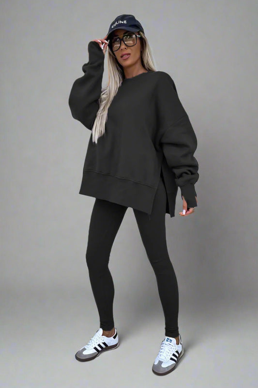 Two-Piece Lounge Set – Crew Neck Split Sweatshirt & Slim Fit Trousers
