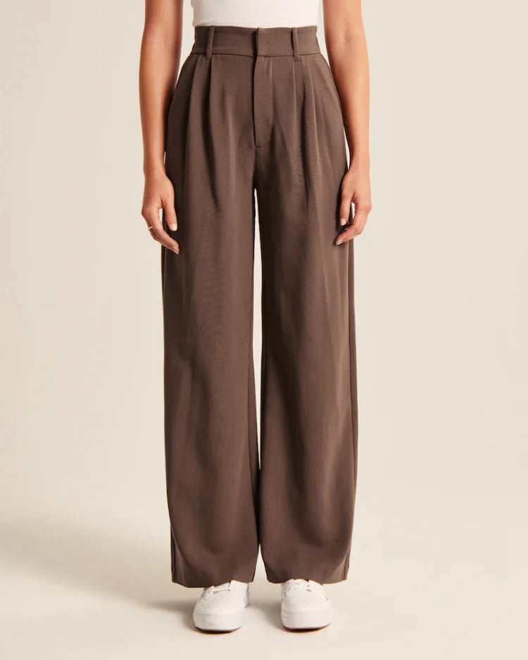 Women’s High Waist Wide-Leg Trousers with Pockets – Elegant Straight-Cut Casual Pants