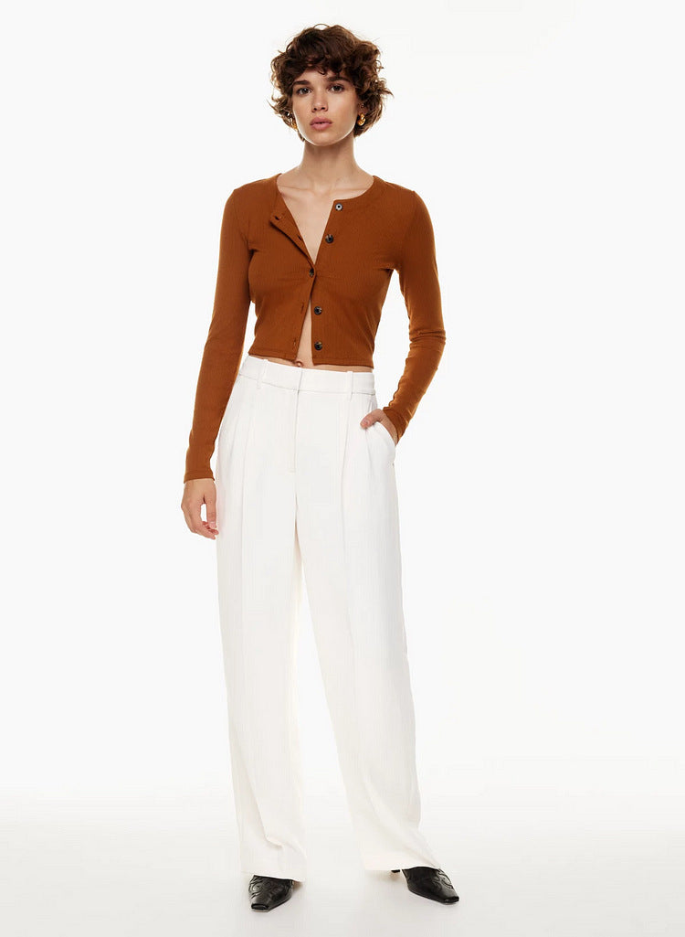 Women’s High Waist Wide-Leg Trousers with Pockets – Elegant Straight-Cut Casual Pants