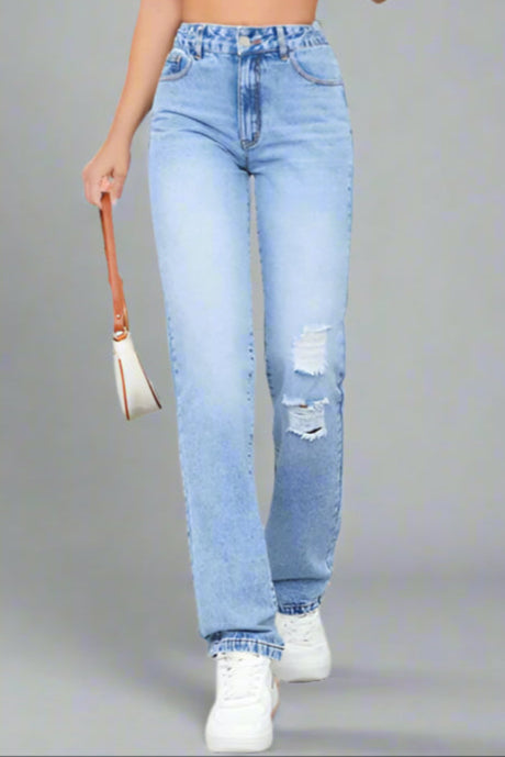 Loose High Waist Ripped Cotton Jeans
