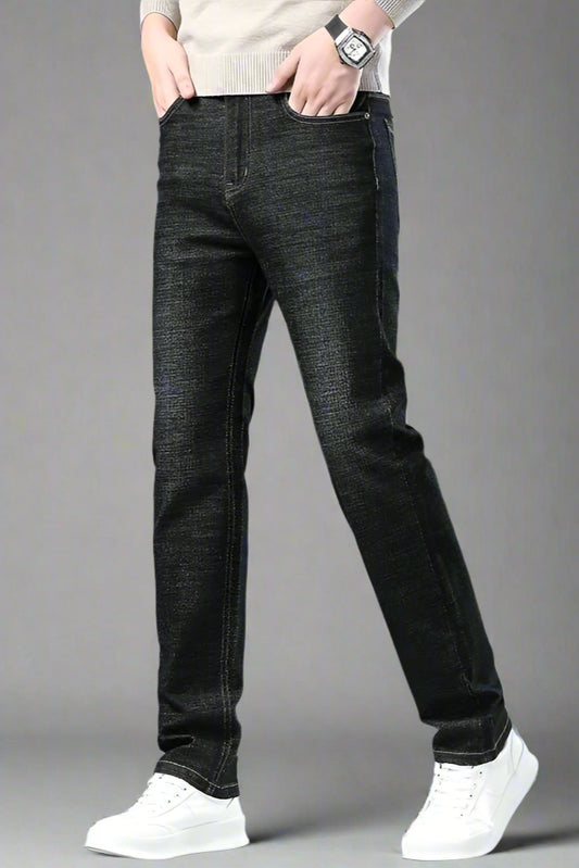 Men’s Business Casual Straight Jeans – Wool-Lined Stretch Denim