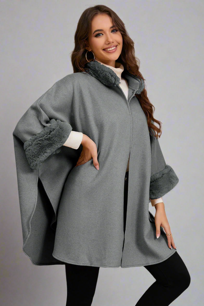 Elegant Faux Fur Collar Cape – Mid-Length Outerwear for Women