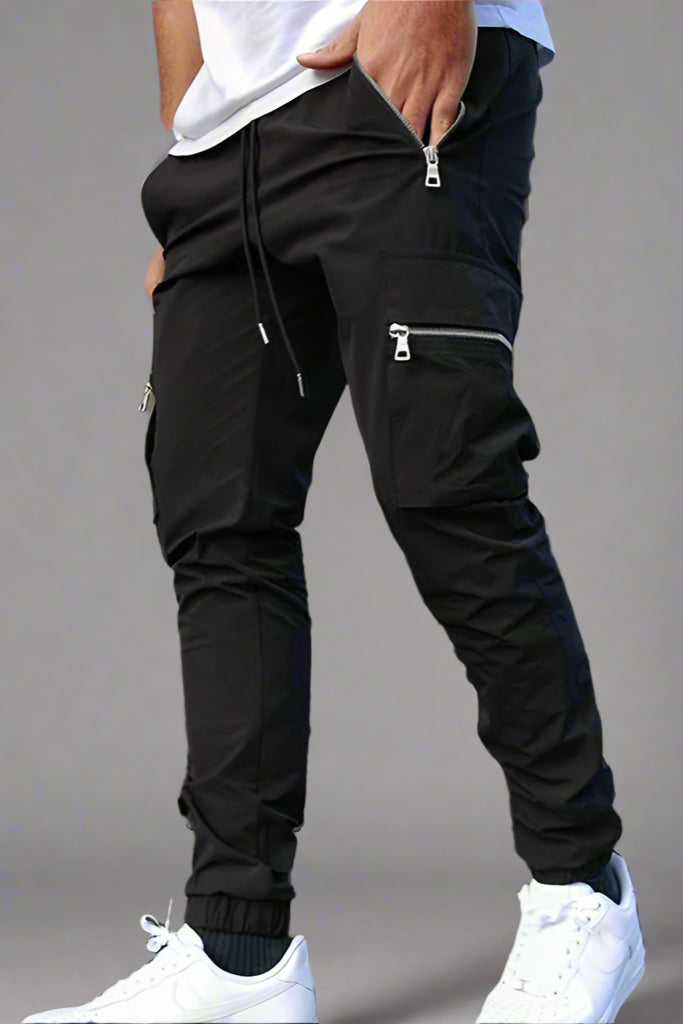 Men’s Multi-Pocket Zipper Cargo Pants – Belted Tapered Overalls
