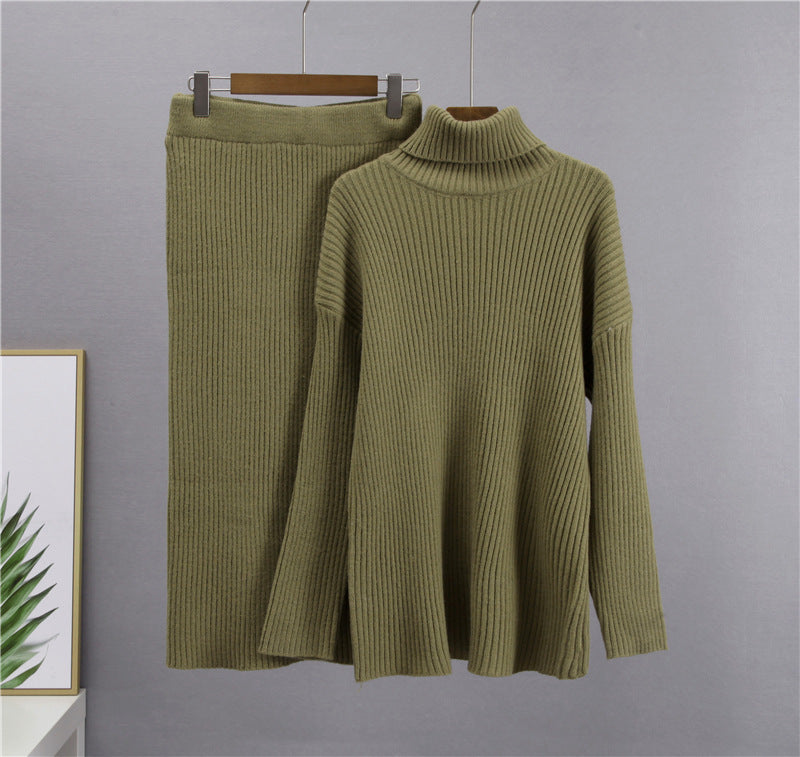 Women’s Ribbed Knit Turtleneck Sweater & Skirt Set – Elegant Two-Piece Outfit