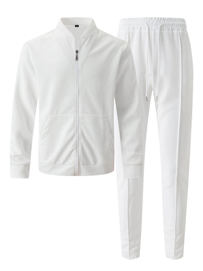 Men’s Waffle Texture Zip-Up Tracksuit – 2-Piece Casual Jacket & Pants Set