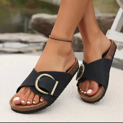 Women’s Buckle Strap Slide Sandals – Comfort Platform Slippers with PU Upper
