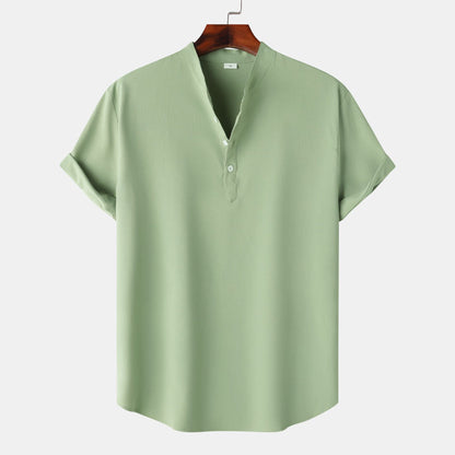 Men’s Linen Short Sleeve Shirt – Stand Collar Solid Color Pullover